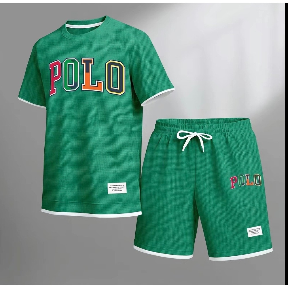 Green Waffle Knit Polo Graphic T-Shirt and Shorts Set Mens 3XL